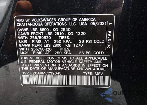 2021 Volkswagen Atlas Cross Sport 3.6L V6 Se W/Technology from USA, damaged, VIN 1V2JE2CA6MC232045